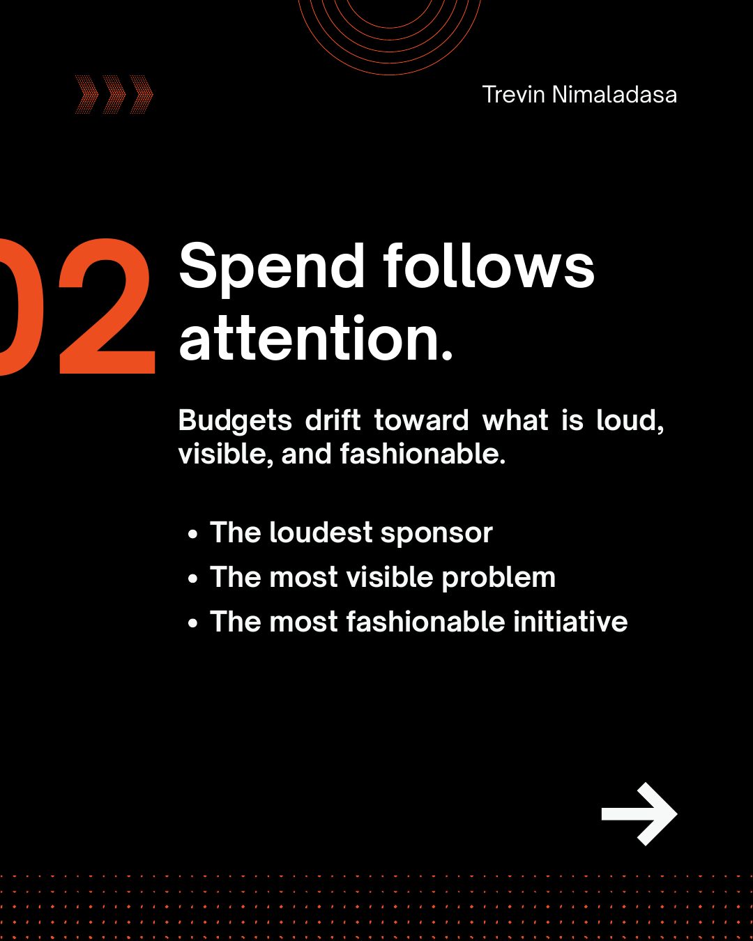 02. Spend follows attention. Budgets drift toward what is loud, visible, and fashionable: the loudest sponsor, the most visible problem, the most fashionable initiative.